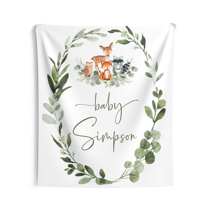 Personalized Woodland Baby Shower Tapestry, Woodland Nursery Wall Hanging, Forest Animals Baby Name Banner, Woodland Nursery Decor, Baby Shower Backdrop