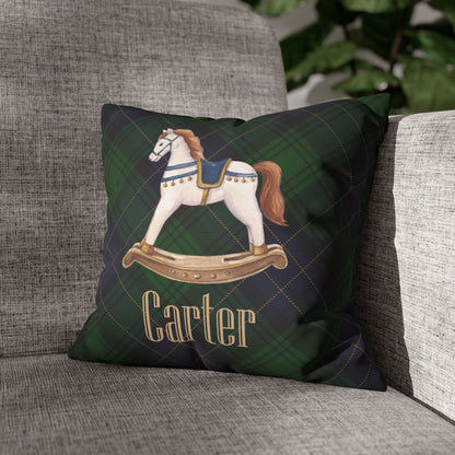 Personalized Rocking Horse Nursery Pillow Cover, Custom Baby Name Pillow, Green Tartan Plaid Nursery Decor, Faux Suede Cushion Cover