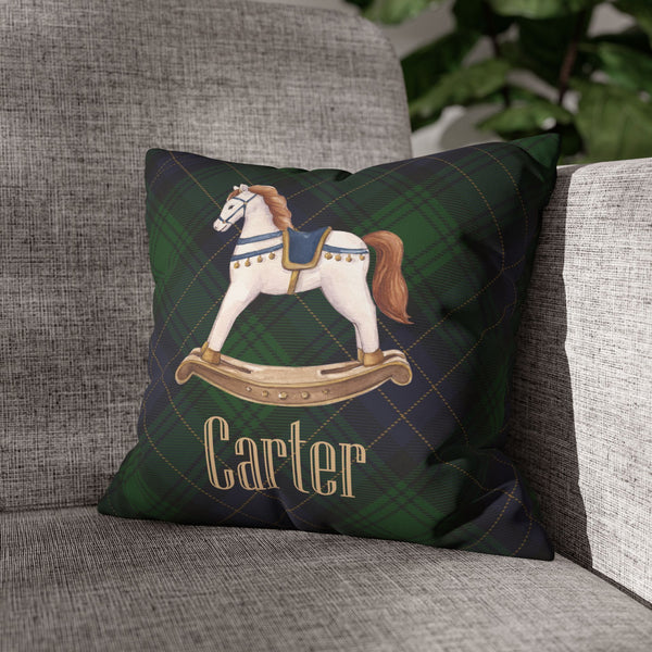 Personalized Rocking Horse Nursery Pillow Cover, Custom Baby Name Pillow, Green Tartan Plaid Nursery Decor, Faux Suede Cushion Cover