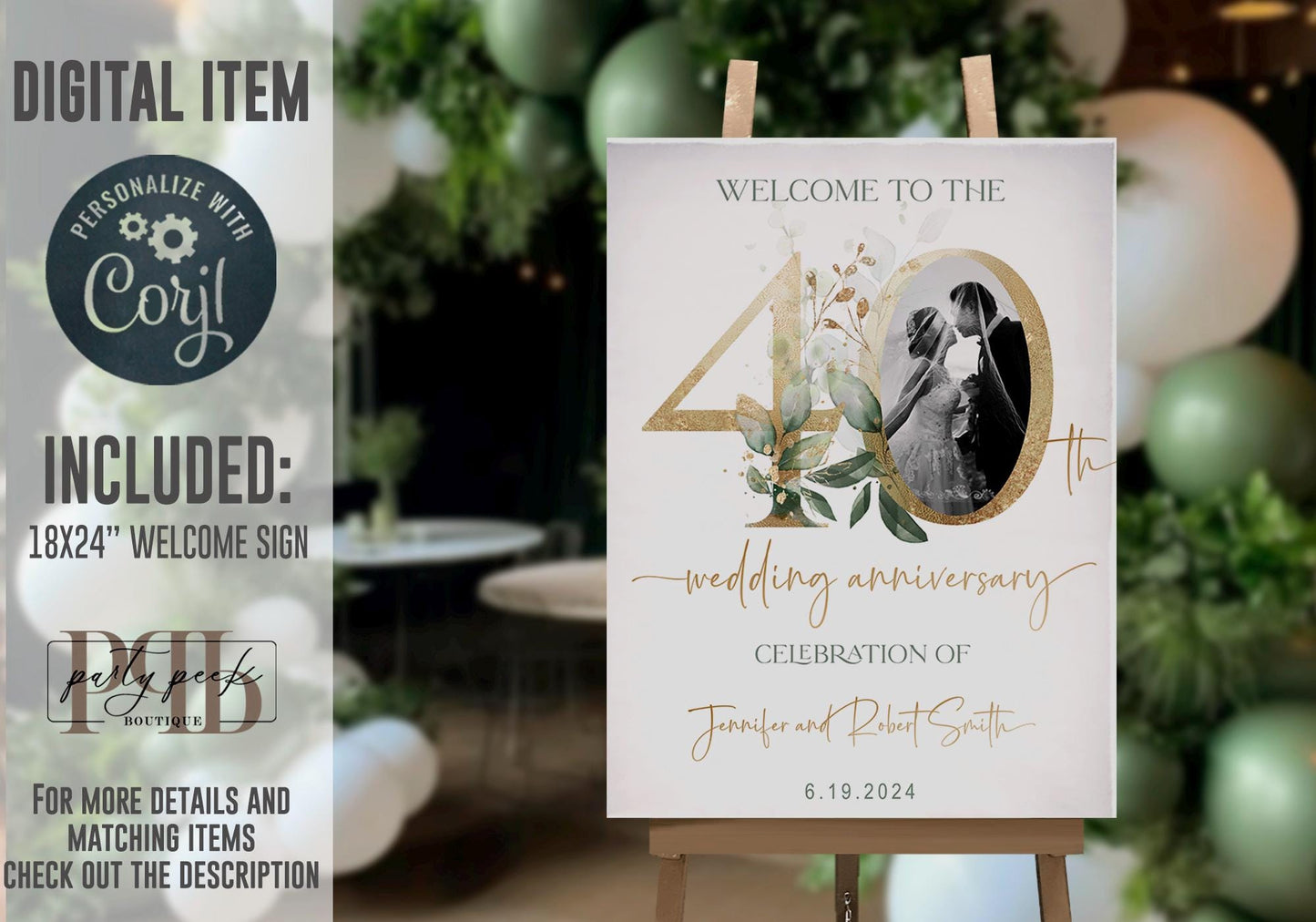 40th Anniversary Welcome Sign, Wedding Anniversary Decor Template, Editable Greenery Gold Eucalyptus Sign, Digital Download