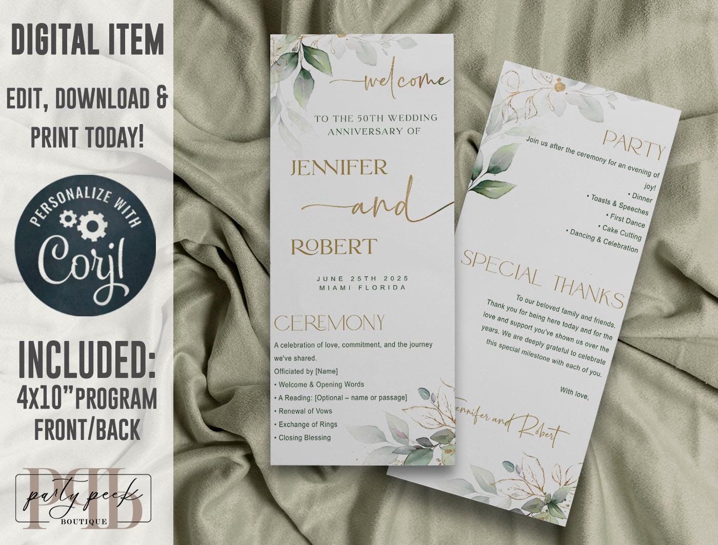 Wedding Anniversary Program Template (Front & Back) | Greenery Gold Eucalyptus Design | Editable Online