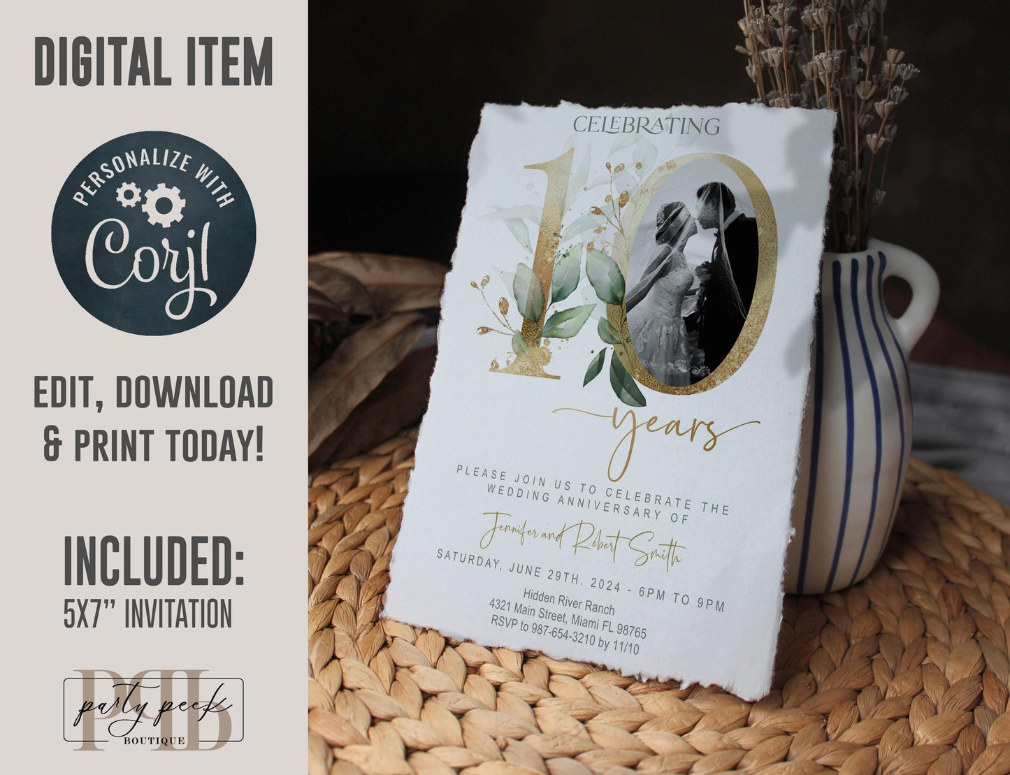 10th Wedding Anniversary Invitation Template with Photo | Greenery & Gold Elegant Eucalyptus Design | Editable Online, Digital Download