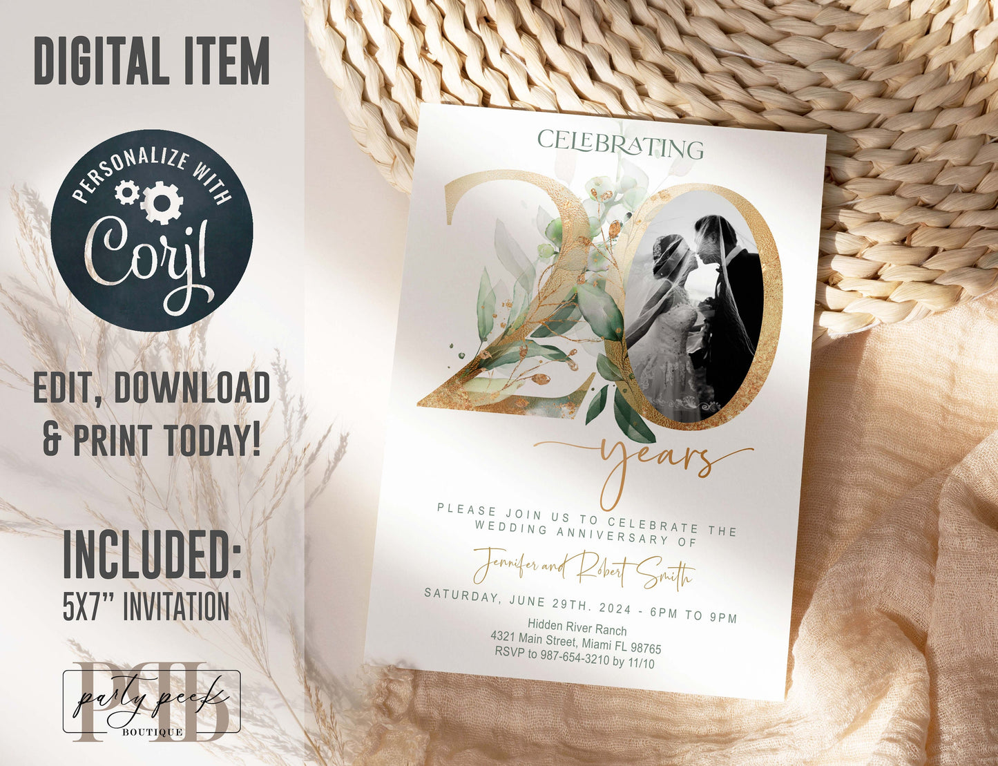 20th Wedding Anniversary Invitation Template with Photo | Greenery & Gold Eucalyptus Design | Editable Online, Digita