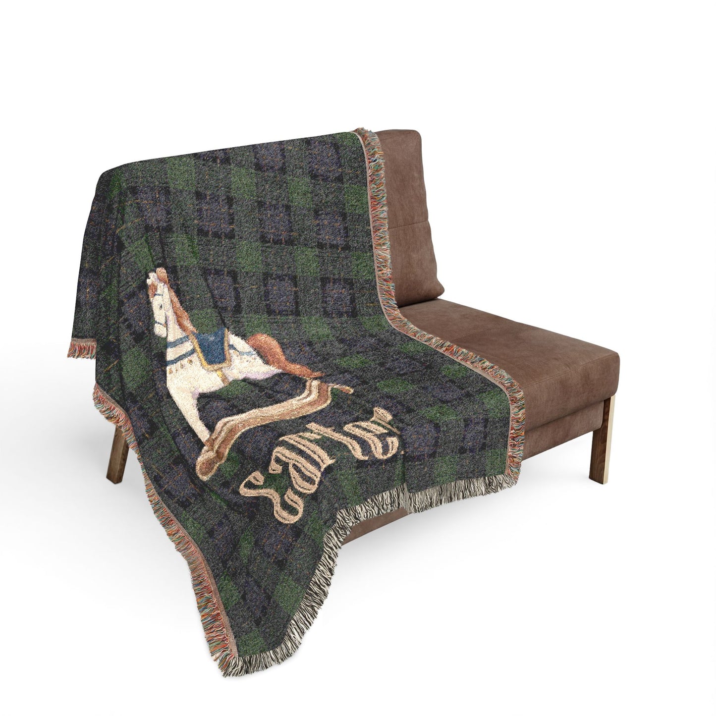 Rocking Horse Baby Blanket, Green Tartan Plaid Woven Throw, Preppy Nursery Decor, Heirloom Cotton Baby Blanket, Baby Shower Gift