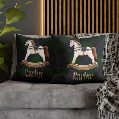 Personalized Rocking Horse Nursery Pillow Cover, Custom Baby Name Pillow, Green Tartan Plaid Nursery Decor, Faux Suede Cushion Cover