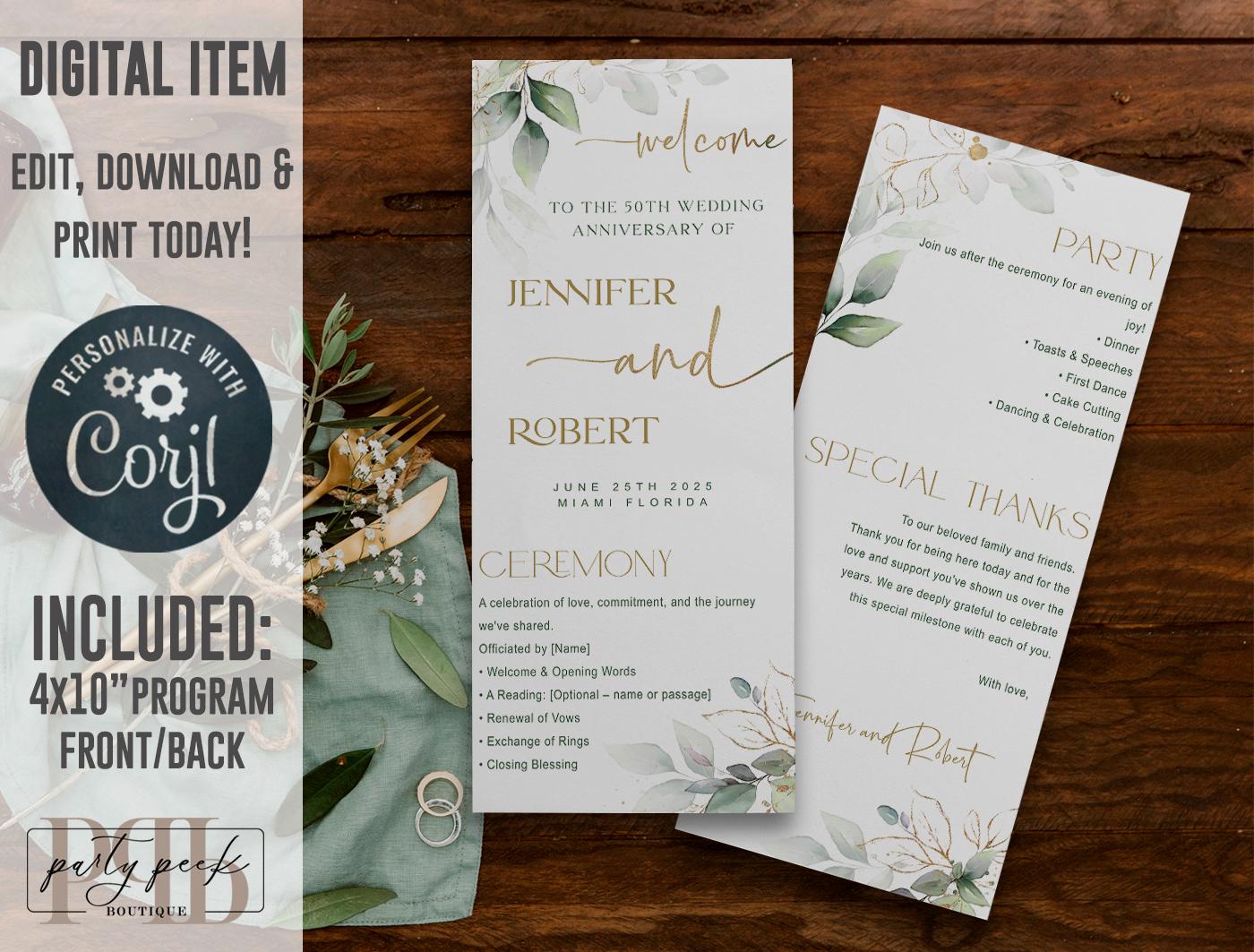 Wedding Anniversary Program Template (Front & Back) | Greenery Gold Eucalyptus Design | Editable Online