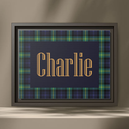 Preppy Tartan Nursery Name Sign, Personalized Baby Name Wall Art, Green & Navy Plaid Nursery Decor, Custom Boy Nursery Sign, Framed Canvas