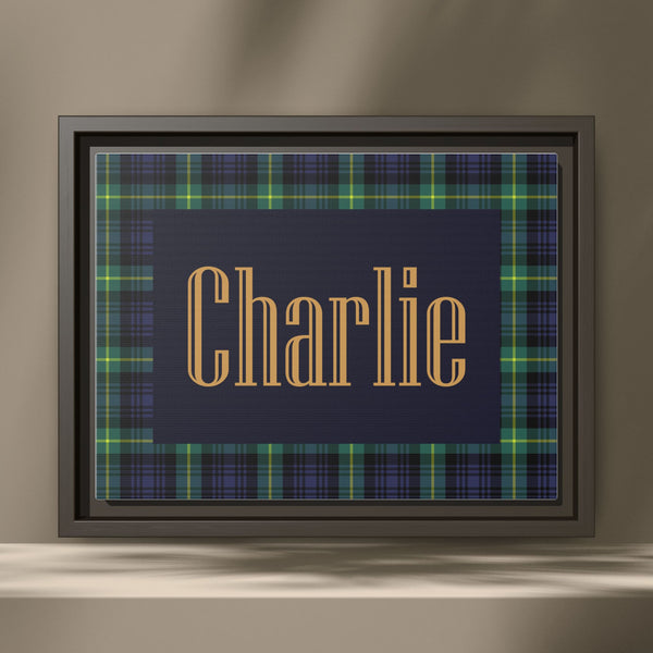 Preppy Tartan Nursery Name Sign, Personalized Baby Name Wall Art, Green & Navy Plaid Nursery Decor, Custom Boy Nursery Sign, Framed Canvas