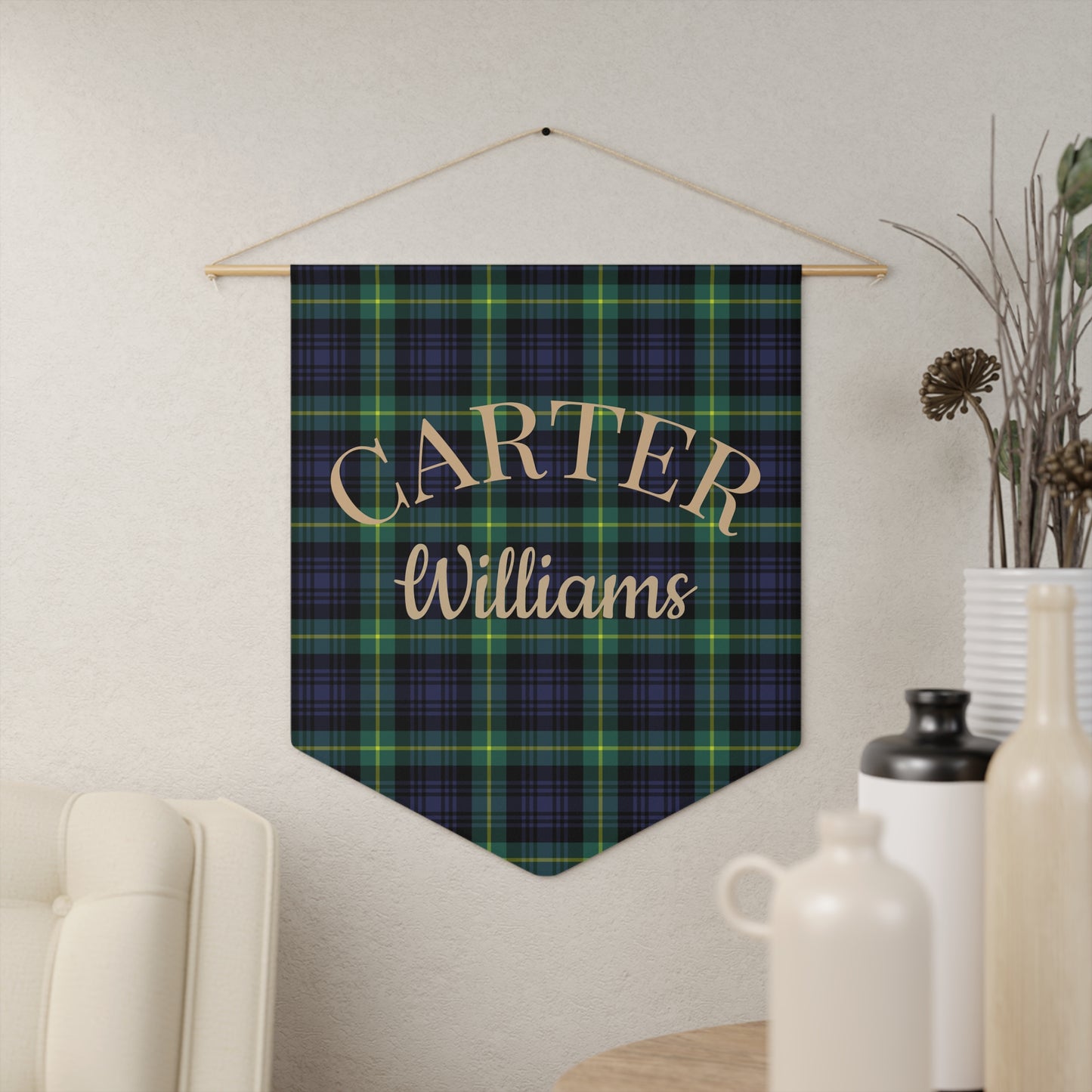 Personalized Tartan Nursery Banner, Green & Navy Plaid Nursery Pennant, Baby Name Wall Banner, Preppy Baby Room Decor, Fabric Wall Hanging