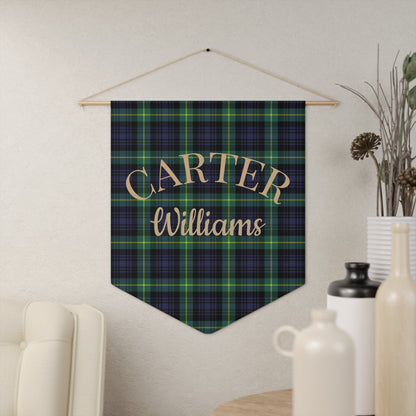 Personalized Tartan Nursery Banner, Green & Navy Plaid Nursery Pennant, Baby Name Wall Banner, Preppy Baby Room Decor, Fabric Wall Hanging