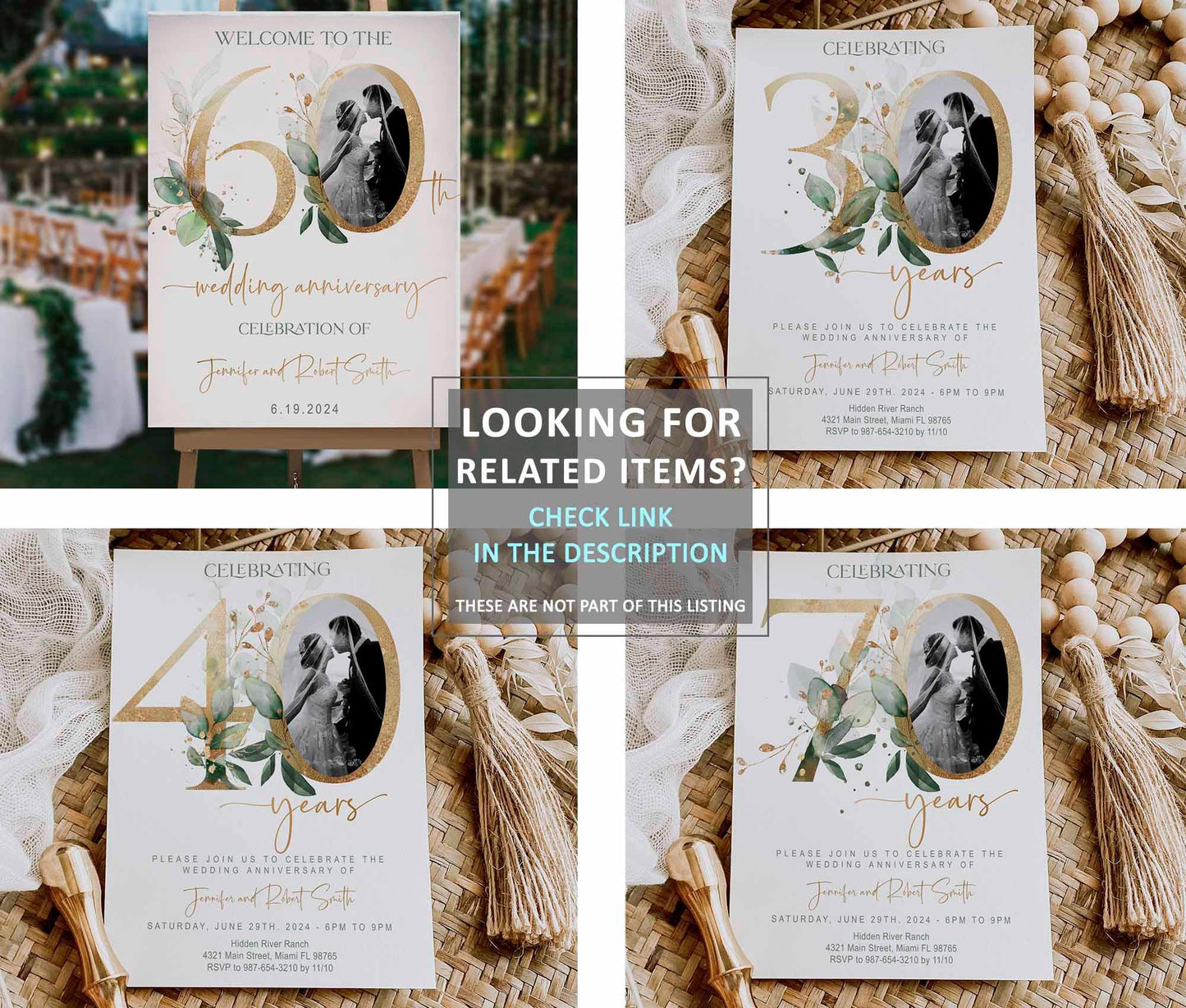 40th Anniversary Welcome Sign, Wedding Anniversary Decor Template, Editable Greenery Gold Eucalyptus Sign, Digital Download