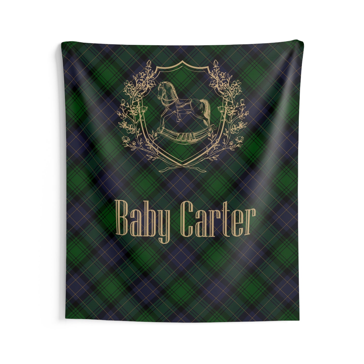 Personalized Rocking Horse Nursery Tapestry, Green & Navy Tartan Wall Hanging, Preppy Baby Room Decor, Baby Shower Backdrop, Plaid Nursery Decor