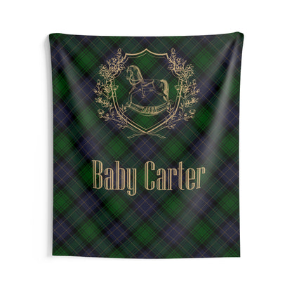 Personalized Rocking Horse Nursery Tapestry, Green & Navy Tartan Wall Hanging, Preppy Baby Room Decor, Baby Shower Backdrop, Plaid Nursery Decor