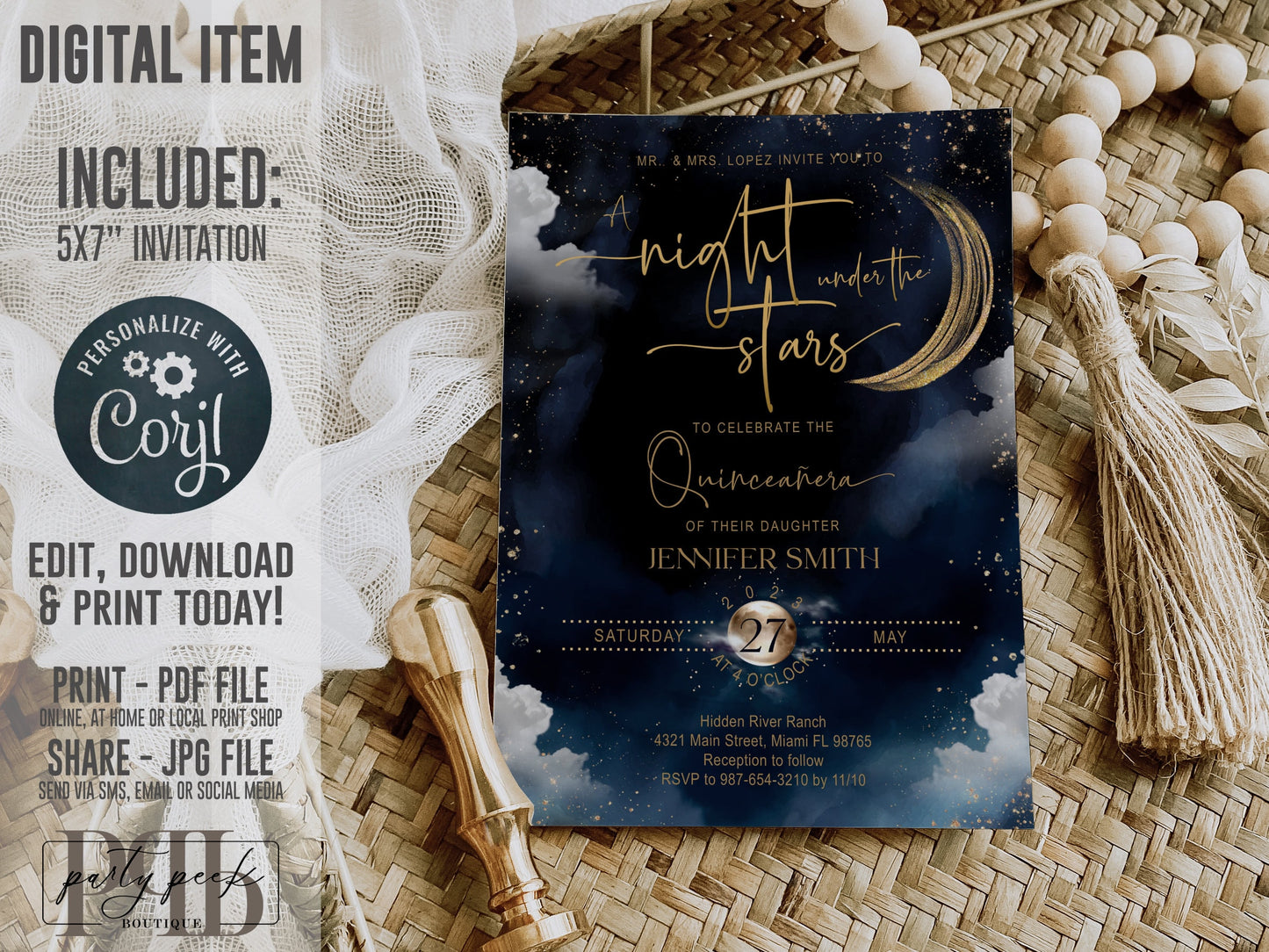 Quinceañera Invitation Template, Celestial Moon & Galaxy Theme, Night Under the Stars, Blue Starry Night Invite