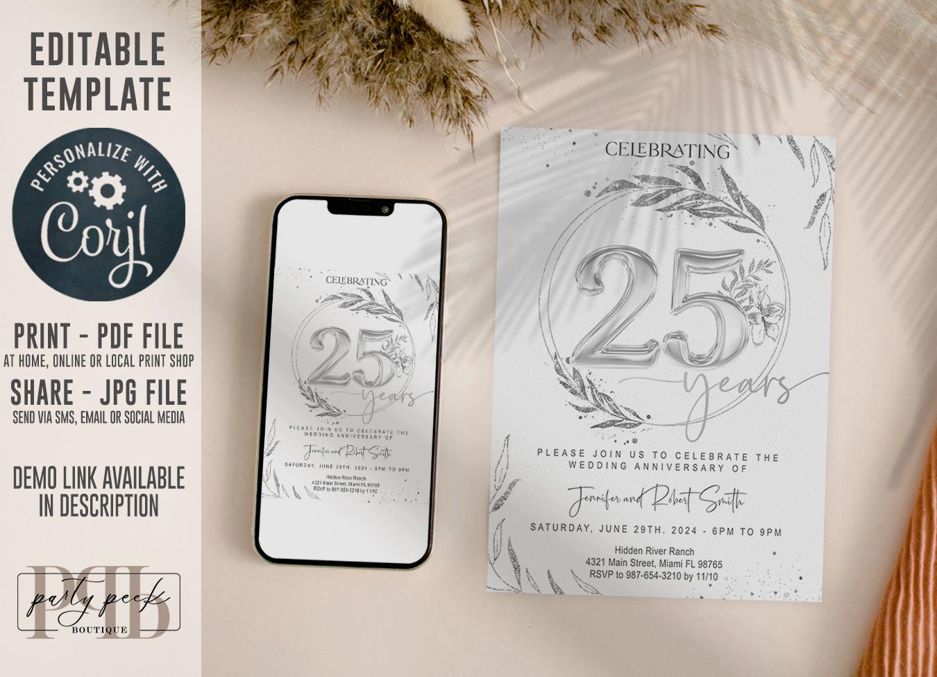 25th Silver Anniversary Invitation, Wedding Anniversary Invite Template, Elegant Foliage Editable Digital Invitation, Digital Download