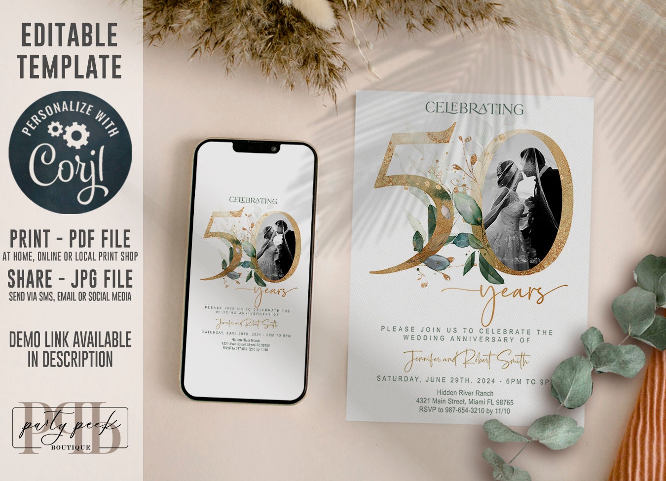 50th Wedding Anniversary Invitation Template with Photo | Greenery & Gold Eucalyptus Design | Editable Online, Digita