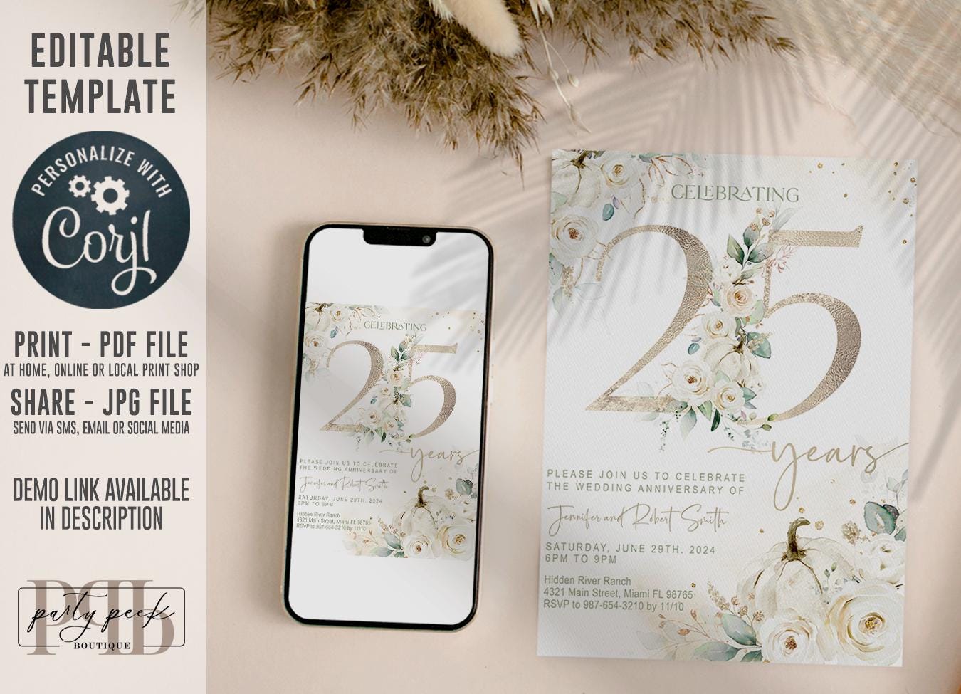 Wedding Anniversary Invitation Template – Editable Year, Fall Floral Party Invite, Elegant Autumn Foliage Design (Corjl Template)