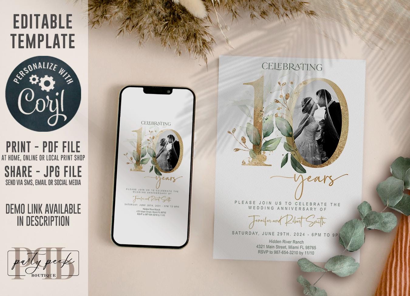 10th Wedding Anniversary Invitation Template with Photo | Greenery & Gold Elegant Eucalyptus Design | Editable Online, Digital Download