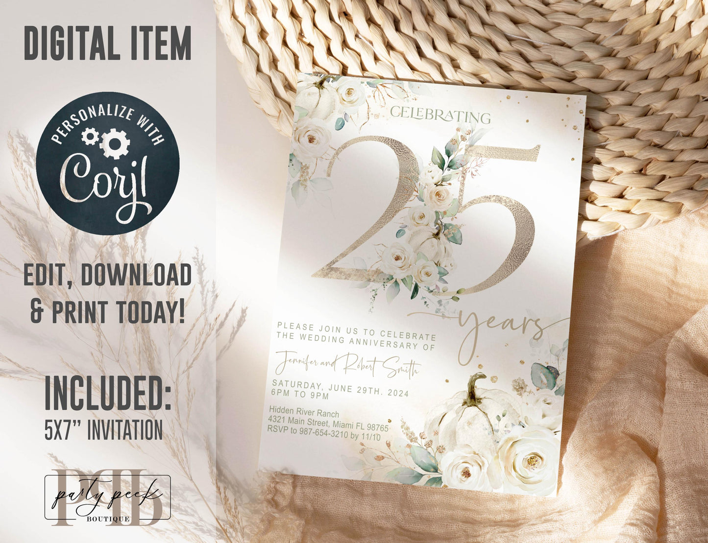 Wedding Anniversary Invitation Template – Editable Year, Fall Floral Party Invite, Elegant Autumn Foliage Design (Corjl Template)