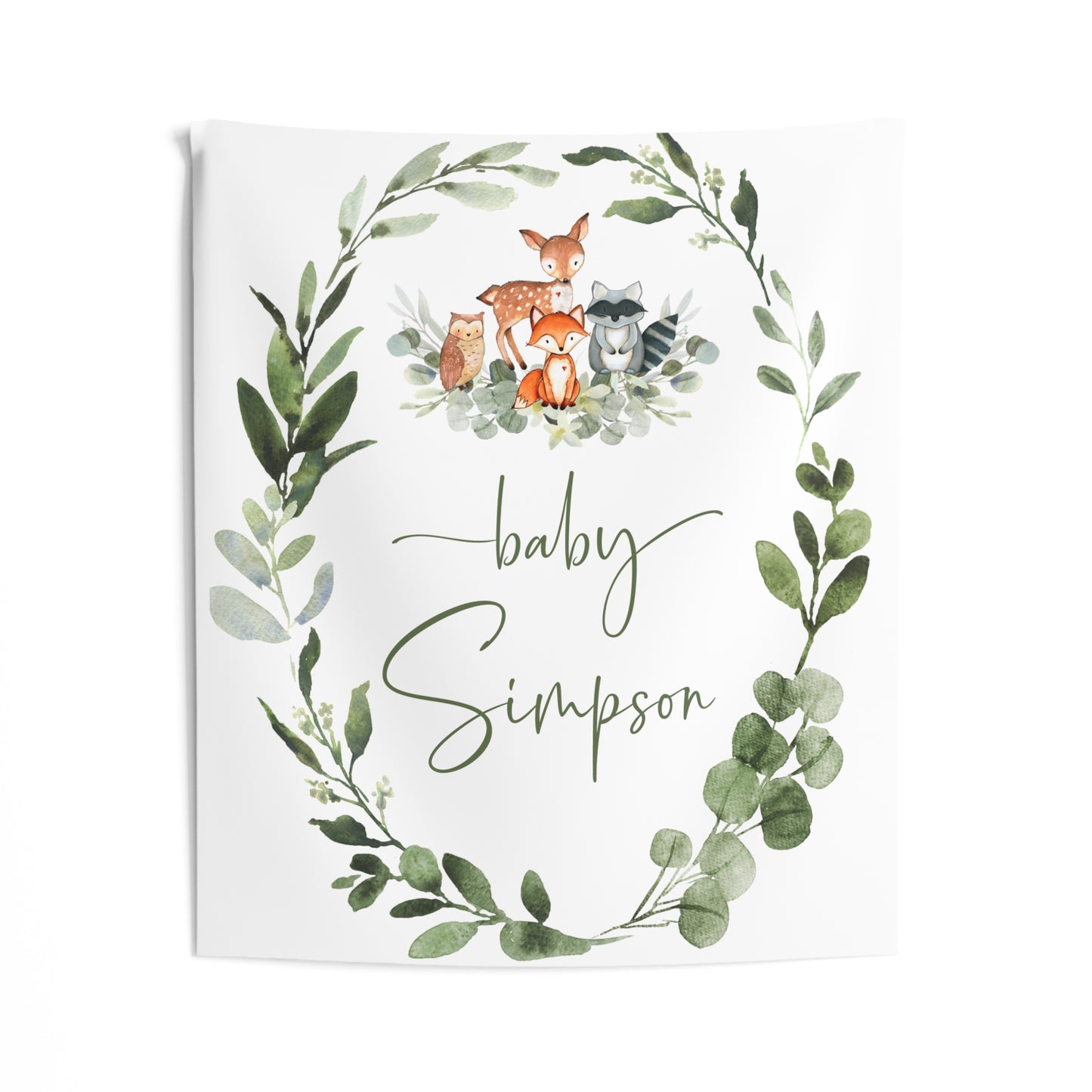 Personalized Woodland Baby Shower Tapestry, Woodland Nursery Wall Hanging, Forest Animals Baby Name Banner, Woodland Nursery Decor, Baby Shower Backdrop