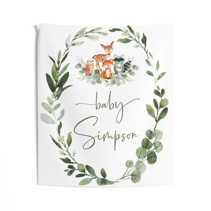 Personalized Woodland Baby Shower Tapestry, Woodland Nursery Wall Hanging, Forest Animals Baby Name Banner, Woodland Nursery Decor, Baby Shower Backdrop