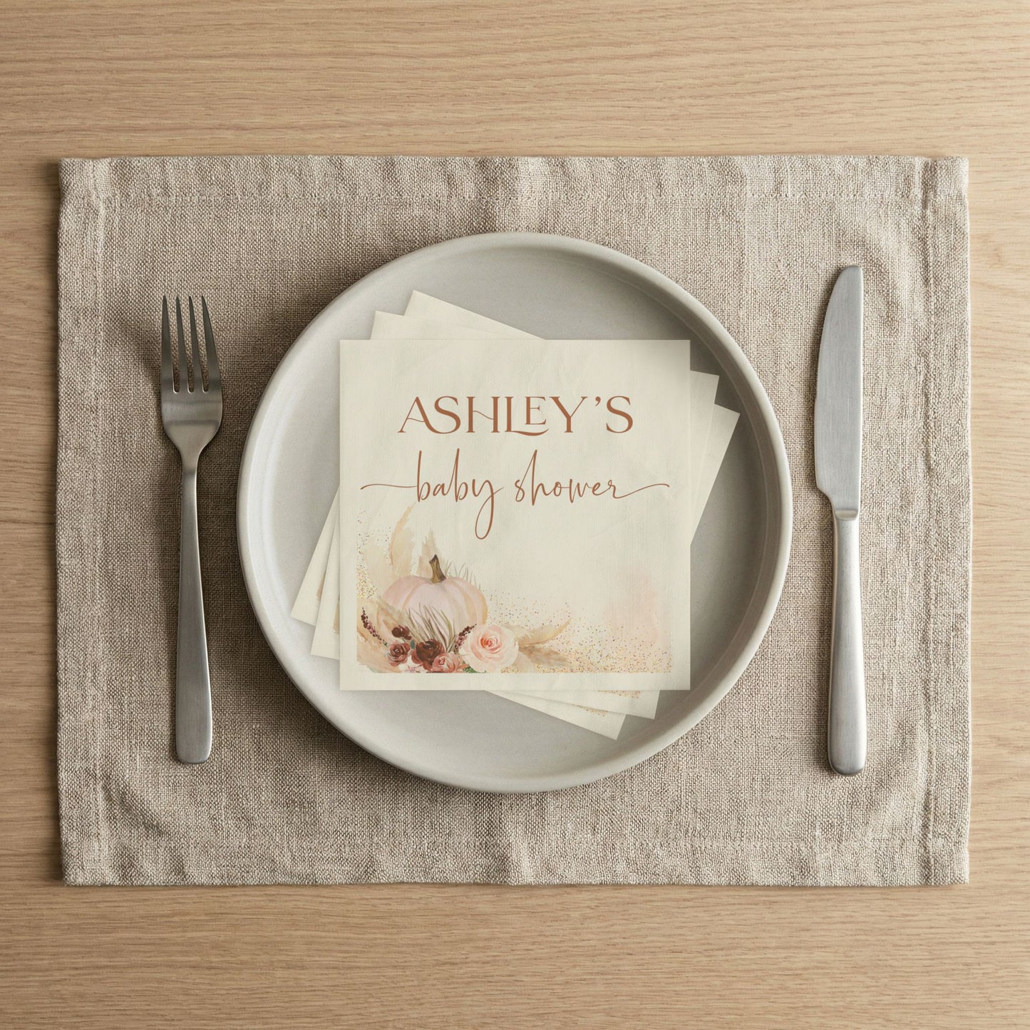 Personalized Little Pumpkin Baby Shower Napkins | Boho Fall Pumpkin Baby Shower Decorations | Custom Paper Napkins