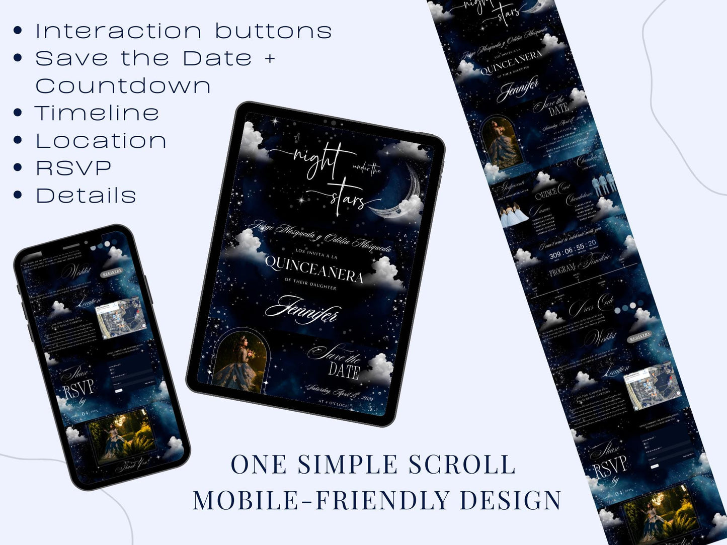 Celestial Quinceañera Website Template | Night Under the Stars | Moon & Galaxy RSVP Site with Countdown & Map | Canva | Editable Online Invite