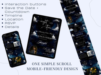 Celestial Quinceañera Website Template | Night Under the Stars | Moon & Galaxy RSVP Site with Countdown & Map | Canva | Editable Online Invite
