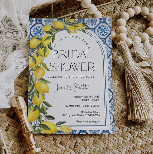 Mediterranean Bridal Shower Invitation | Positano Blue Tile & Lemon Arch | Editable Amalfi Coast Digital Download