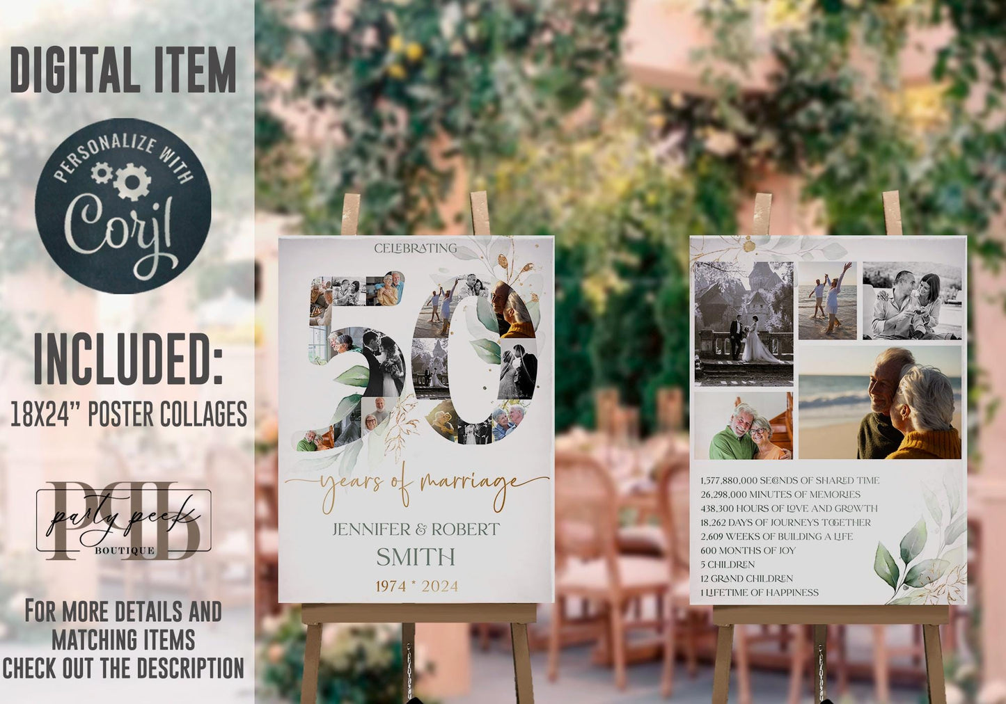 50th Anniversary Photo Collage Poster, Wedding Anniversary Sign with Photos, Editable Greenery Gold Eucalyptus Template, Digital Download