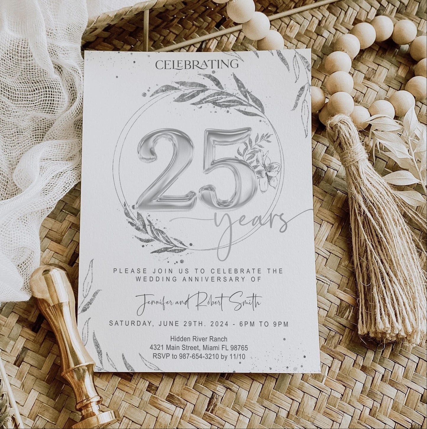 25th Silver Anniversary Invitation, Wedding Anniversary Invite Template, Elegant Foliage Editable Digital Invitation, Digital Download