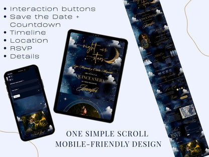 Celestial Quinceañera Website Template | Night Under the Stars | Moon & Galaxy RSVP Site with Countdown & Map | Canva | Editable Online Invite