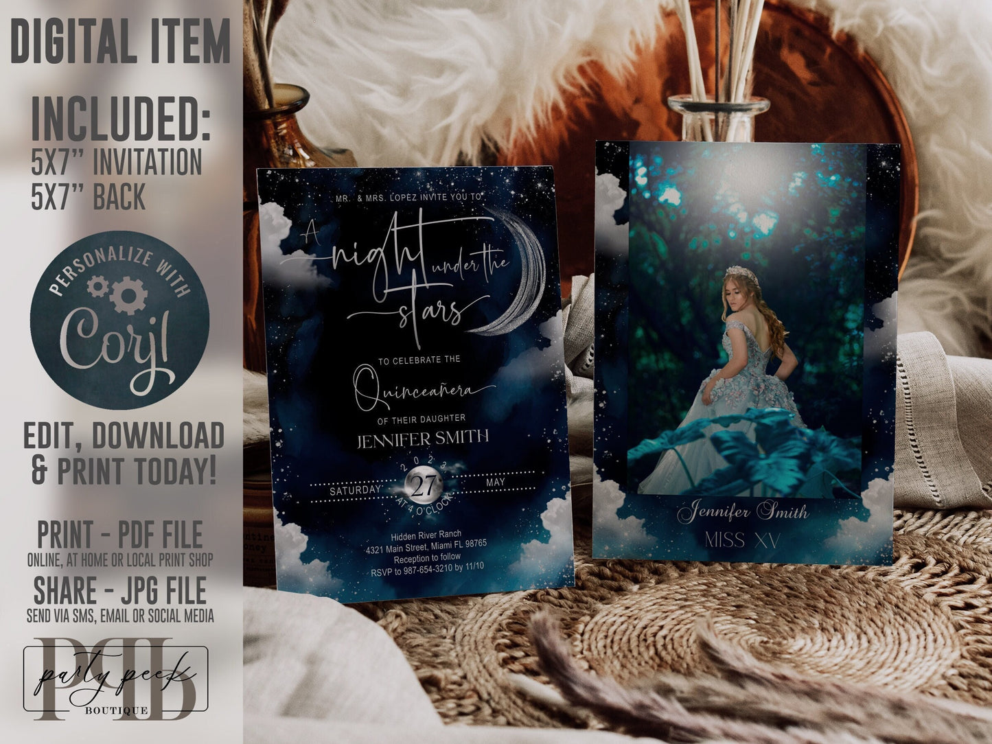 A Night Under the Stars Invitation, Galaxy, Rustic Starry Night, Celestial, Quinceanera Invitation Blue, moon, Digital, Instant | GRANUS