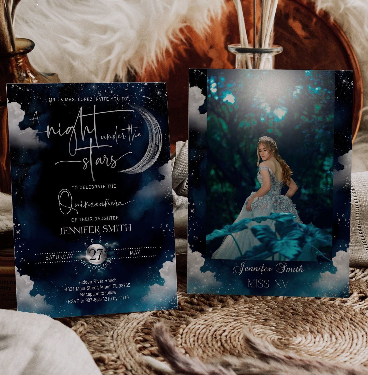 A Night Under the Stars Invitation, Galaxy, Rustic Starry Night, Celestial, Quinceanera Invitation Blue, moon, Digital, Instant | GRANUS