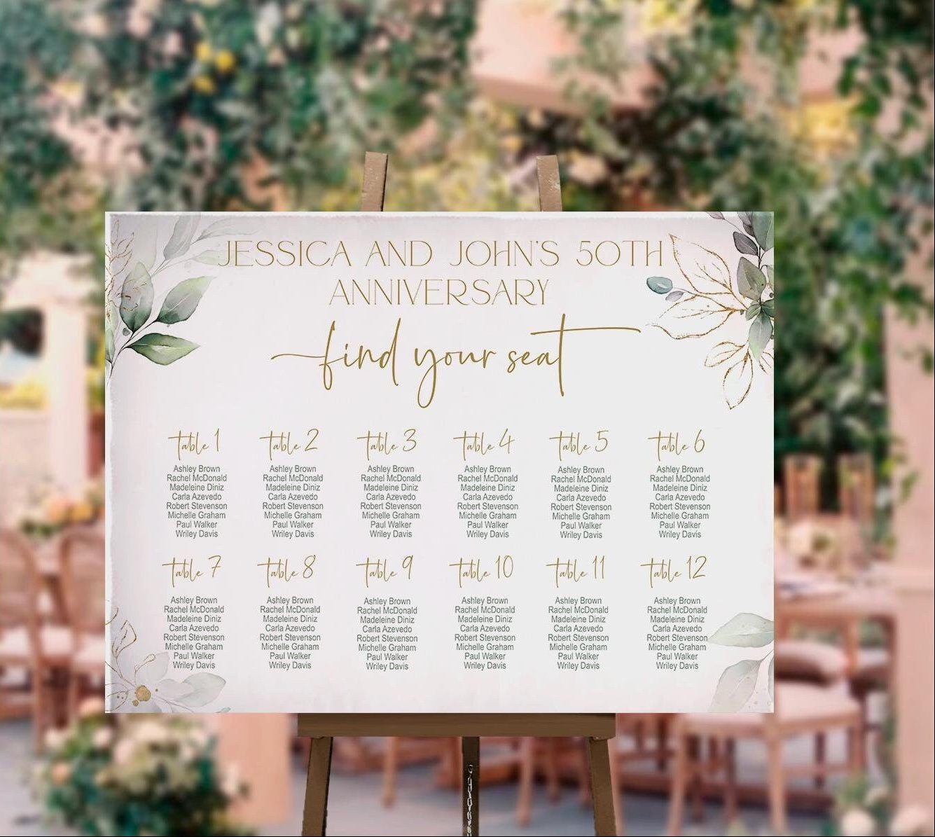 50th Anniversary Seating Chart Sign Template, Editable Wedding Seating Chart, Greenery Gold Eucalyptus Anniversary Sign, Digital Download