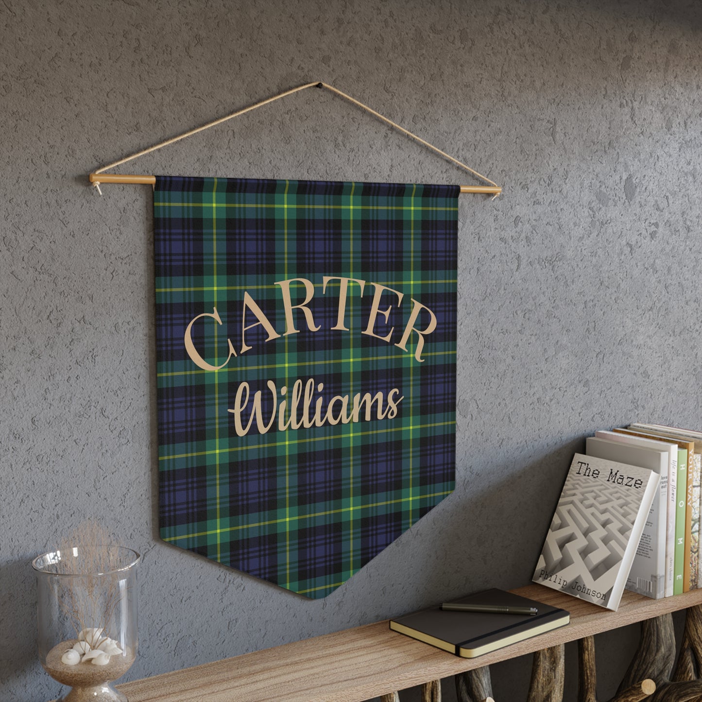 Personalized Tartan Nursery Banner, Green & Navy Plaid Nursery Pennant, Baby Name Wall Banner, Preppy Baby Room Decor, Fabric Wall Hanging