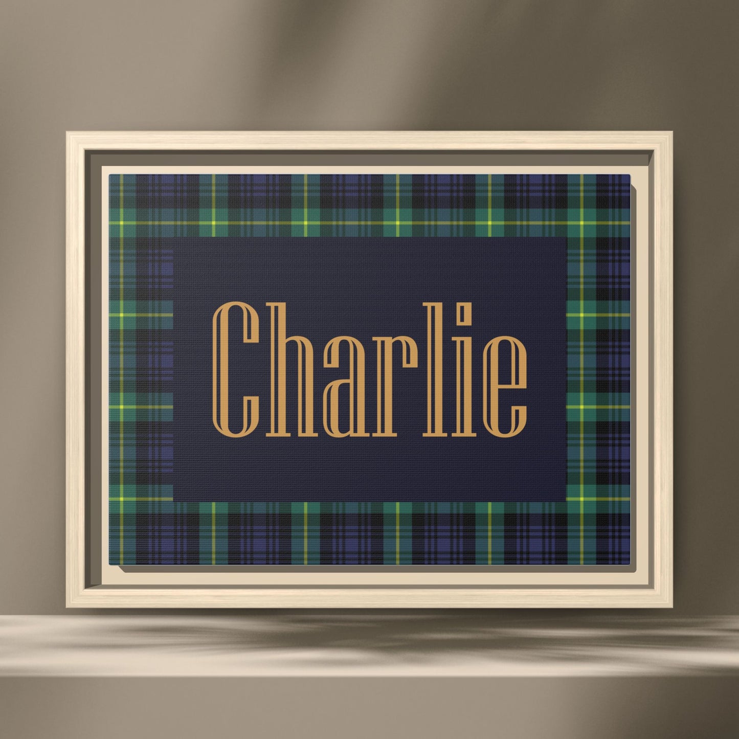 Preppy Tartan Nursery Name Sign, Personalized Baby Name Wall Art, Green & Navy Plaid Nursery Decor, Custom Boy Nursery Sign, Framed Canvas