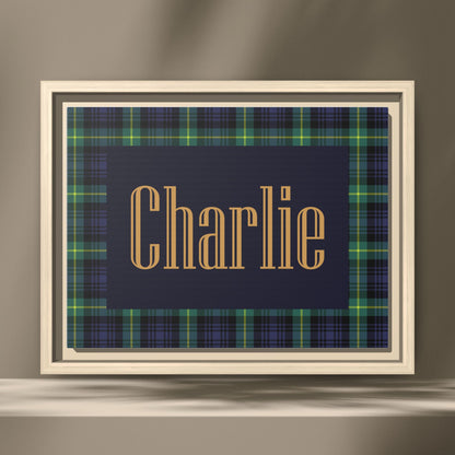 Preppy Tartan Nursery Name Sign, Personalized Baby Name Wall Art, Green & Navy Plaid Nursery Decor, Custom Boy Nursery Sign, Framed Canvas