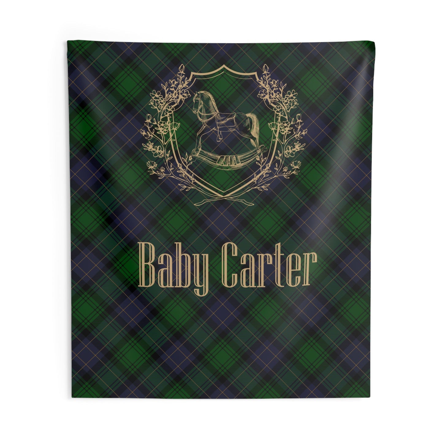 Personalized Rocking Horse Nursery Tapestry, Green & Navy Tartan Wall Hanging, Preppy Baby Room Decor, Baby Shower Backdrop, Plaid Nursery Decor