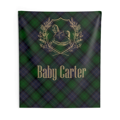 Personalized Rocking Horse Nursery Tapestry, Green & Navy Tartan Wall Hanging, Preppy Baby Room Decor, Baby Shower Backdrop, Plaid Nursery Decor