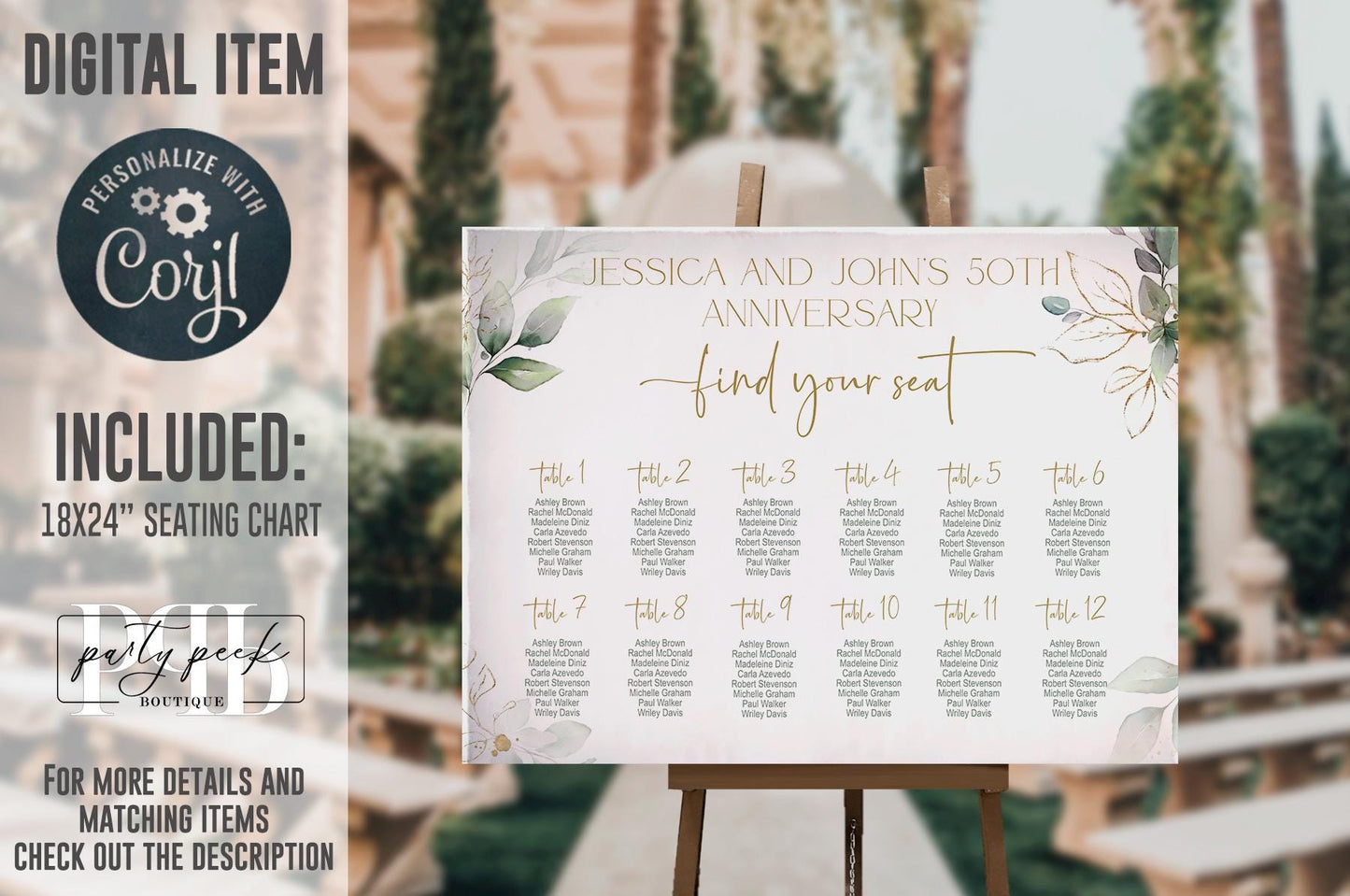 50th Anniversary Seating Chart Sign Template, Editable Wedding Seating Chart, Greenery Gold Eucalyptus Anniversary Sign, Digital Download