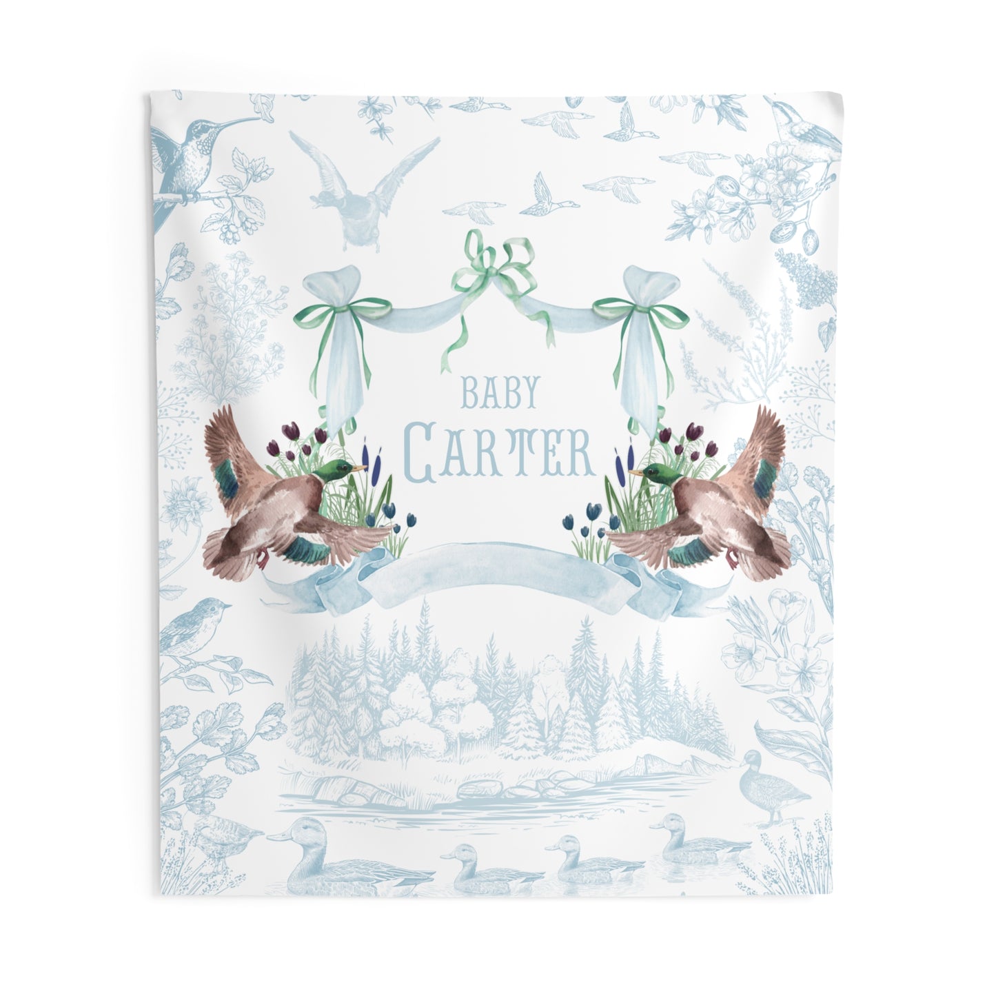 Personalized Mallard Duck Baby Shower Backdrop, Nursery Wall Tapestry, Custom Duck Baby Banner, Woodland Toile Nursery Decor