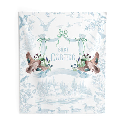 Personalized Mallard Duck Baby Shower Backdrop, Nursery Wall Tapestry, Custom Duck Baby Banner, Woodland Toile Nursery Decor
