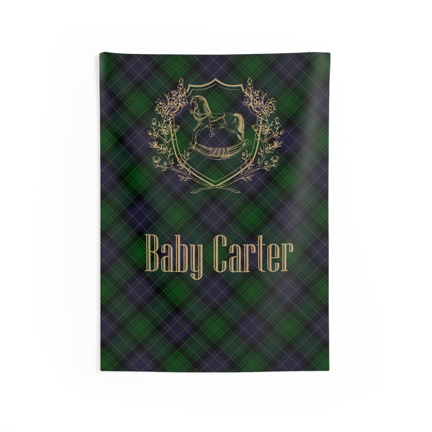Personalized Rocking Horse Nursery Tapestry, Green & Navy Tartan Wall Hanging, Preppy Baby Room Decor, Baby Shower Backdrop, Plaid Nursery Decor
