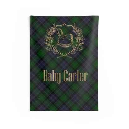 Personalized Rocking Horse Nursery Tapestry, Green & Navy Tartan Wall Hanging, Preppy Baby Room Decor, Baby Shower Backdrop, Plaid Nursery Decor
