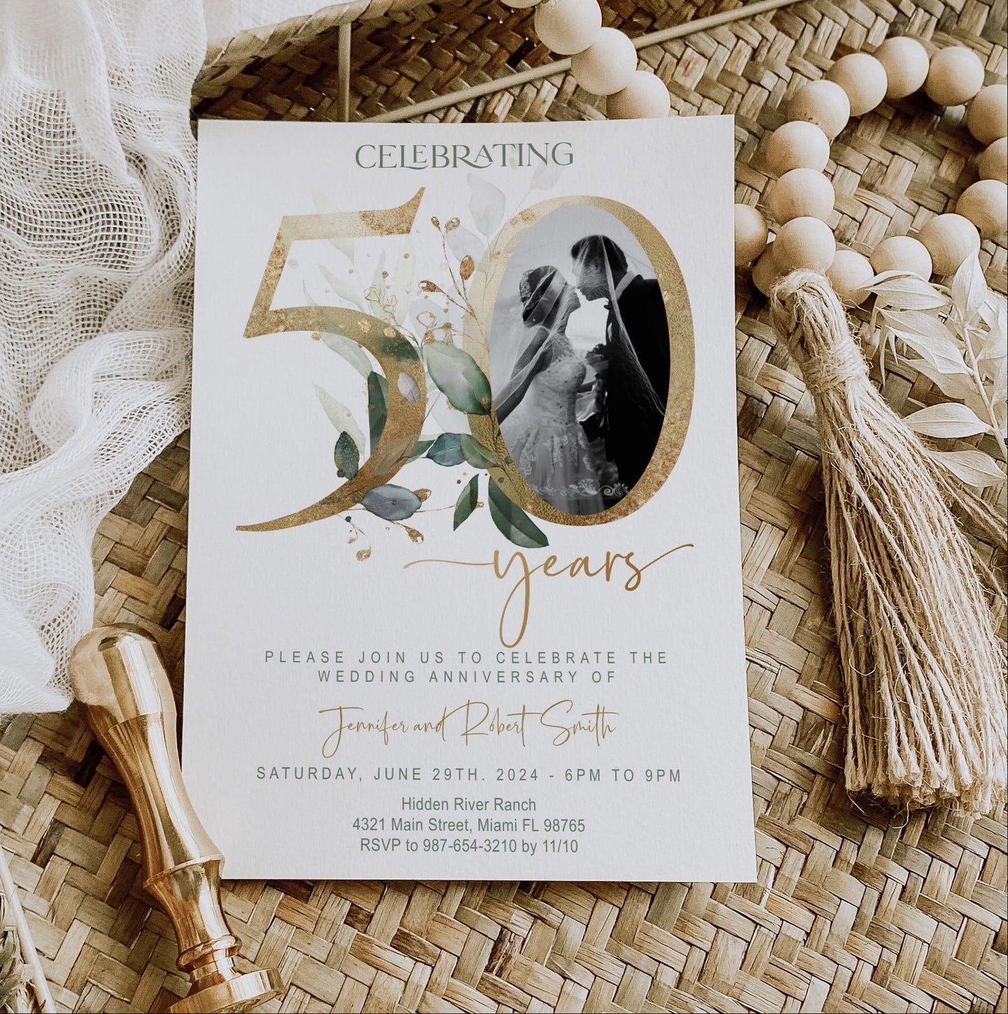50th Wedding Anniversary Invitation Template with Photo | Greenery & Gold Eucalyptus Design | Editable Online, Digita