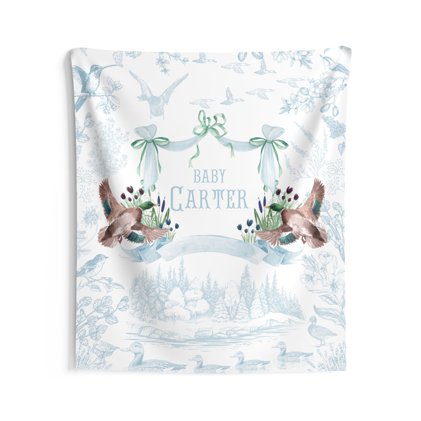 Personalized Mallard Duck Baby Shower Backdrop, Nursery Wall Tapestry, Custom Duck Baby Banner, Woodland Toile Nursery Decor