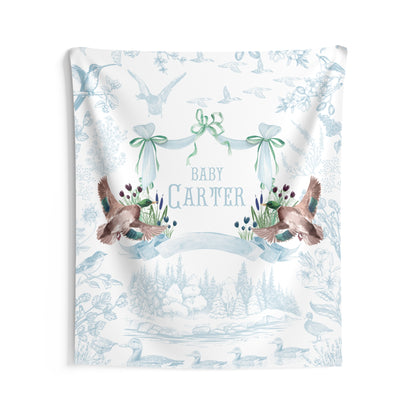 Personalized Mallard Duck Baby Shower Backdrop, Nursery Wall Tapestry, Custom Duck Baby Banner, Woodland Toile Nursery Decor