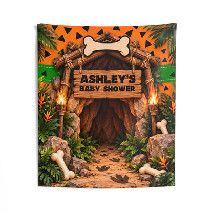 Personalized Caveman Baby Shower Backdrop Tapestry, Prehistoric Jungle Party Decor, Dinosaur Birthday, Gender Reveal Photo Backdrop