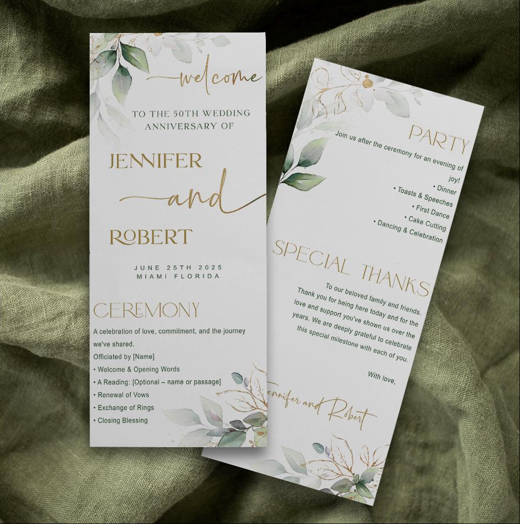 Wedding Anniversary Program Template (Front & Back) | Greenery Gold Eucalyptus Design | Editable Online